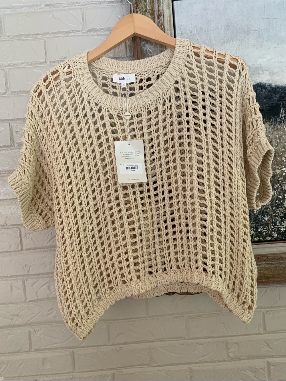Boheme Open-Knit Short Sleeve Sweater in Beige